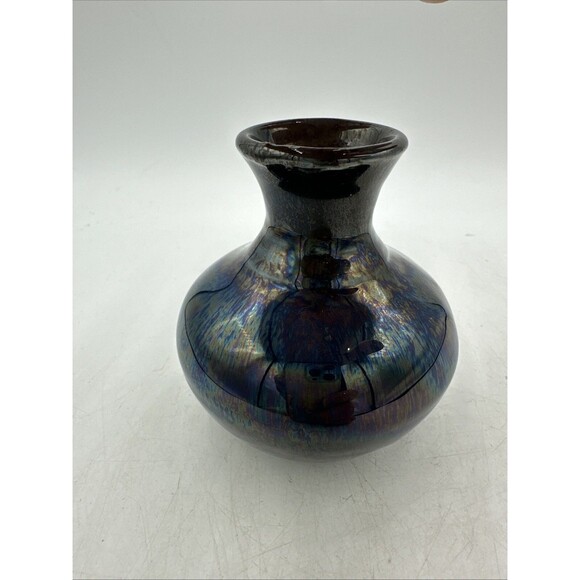 Small Bud Vase Art Pottery Metallic Blues Glazed Handmade 3.25” - Picture 5 of 16